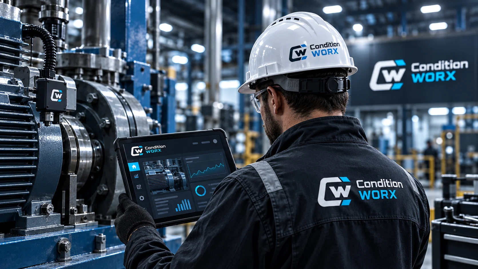 Condition WORX technician reviewing an equipment dashboard on a production floor